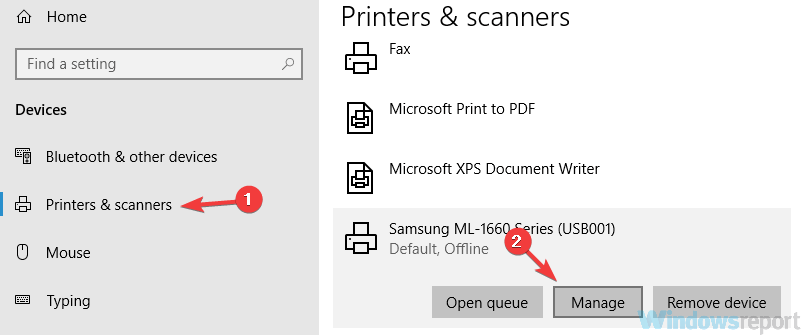 administrar la configuración de impresoras y escáneres de la impresora un error al abrir la impresora en Photoshop 