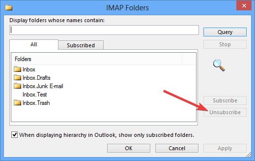 Cancelación de suscripción de IMAP que no puede eliminar una carpeta de correo electrónico en Outlook