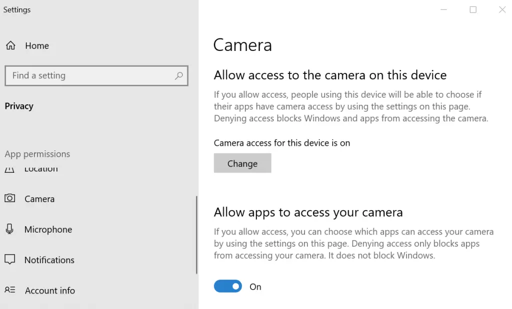 Permitir el acceso a la cámara Error de la cámara en la configuración de privacidad de Windows 10