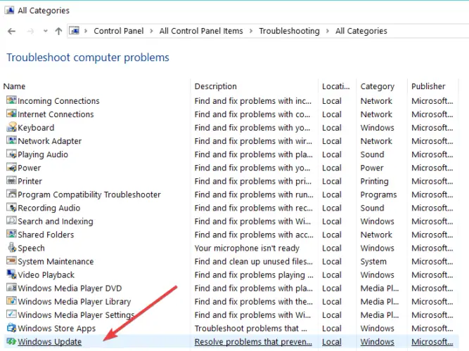 panel de control del solucionador de problemas de actualización de Windows