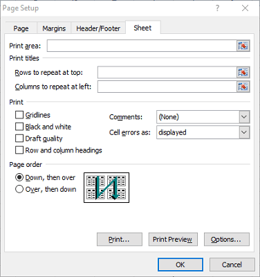Los bordes y las líneas de cuadrícula de la hoja de cálculo de Excel de la ventana Configuración de página no se imprimen