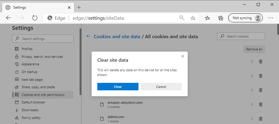 borrar datos del sitio en Microsoft Edge