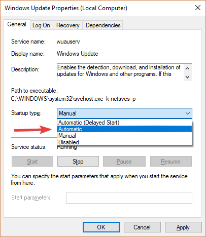 tipo de inicio actualización automática de windows 10 instalación pendiente