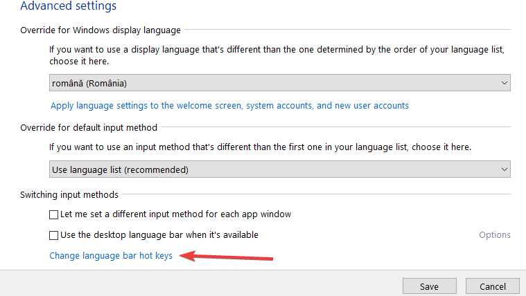 Cambiar teclas de acceso rápido de la barra de idioma Windows 10