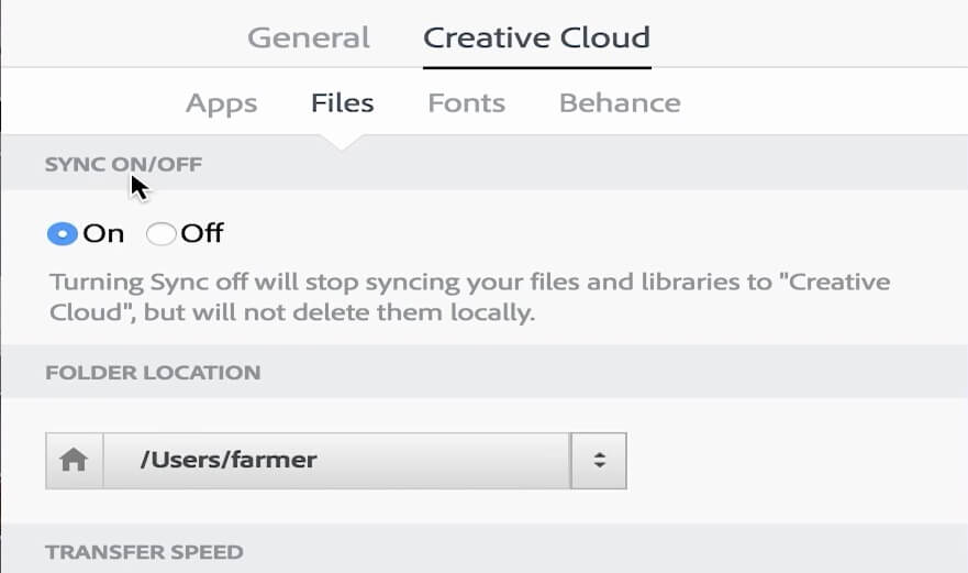 La opción de sincronización activada/desactivada adobe creative cloud deshabilitar la sincronización de archivos