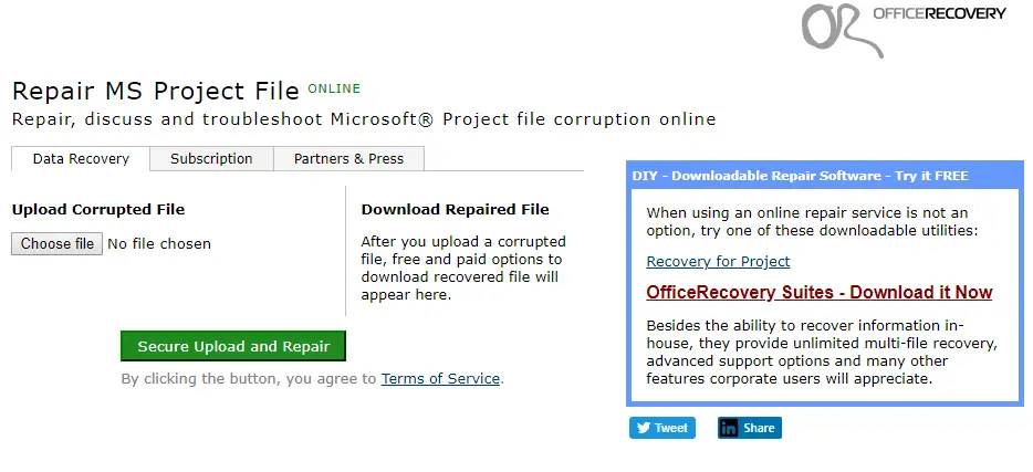 El proyecto de microsoft de la página Repair MS Project File no abre el archivo