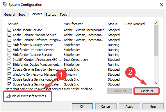 Los servicios de configuración del sistema ocultan todos los servicios de Microsoft: Silhouette no se actualizará