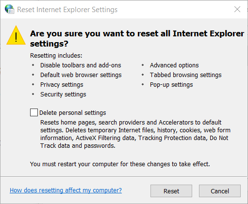 Restablecer la ventana de configuración de Internet Explorer res ieframe.dll errores