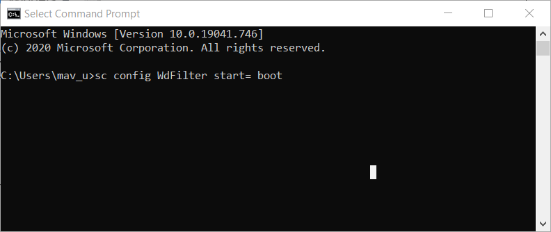 La excepción del controlador de filtro de registro del comando sc config WdFilter