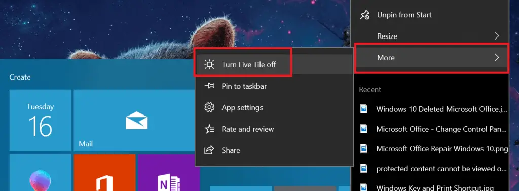 desactivar mosaico en vivo mosaico de fotos de Windows 10 que muestra fotos eliminadas