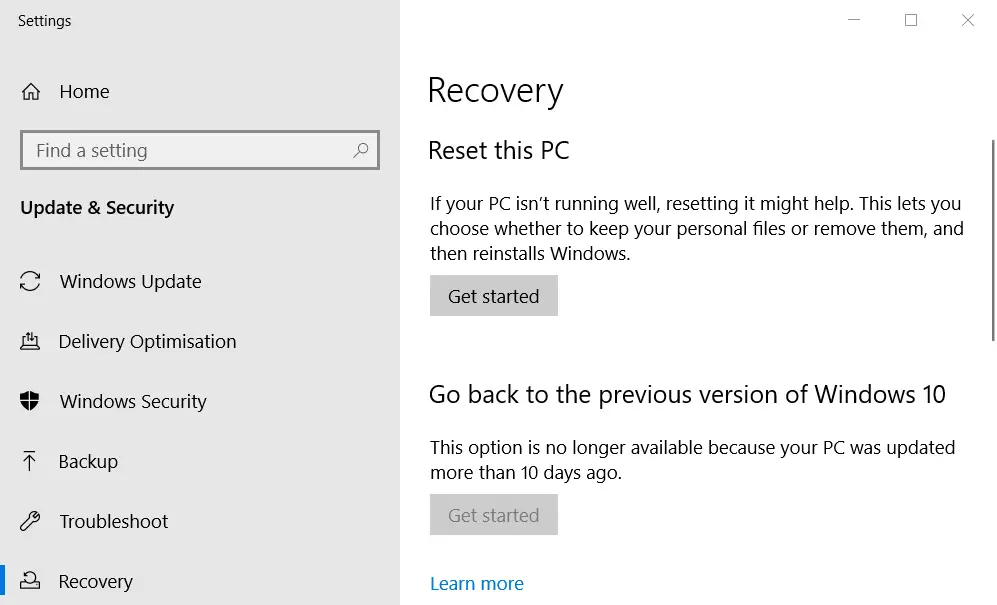 El botón Restablecer esta PC Comenzar Windows 10 iconos en blanco