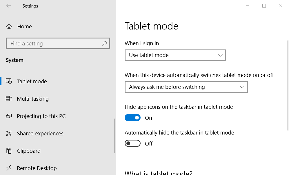 El modo de tableta que configura los iconos en blanco de Windows 10