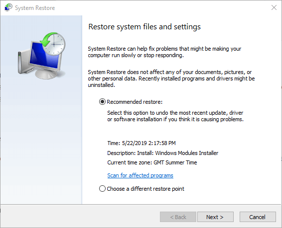 Ventana de restauración del sistema Windows 10 iconos en blanco