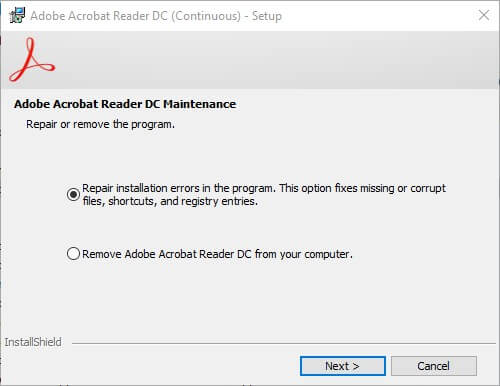 reparar la instalación de Adobe Acrobat Reader