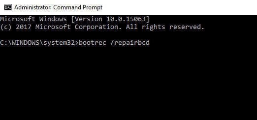 Información de configuración del sistema incorrecta al iniciar bootrec /repairbcd