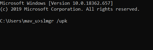 Comando slmgr /upk Error de activación de Windows 10 0xc0020036