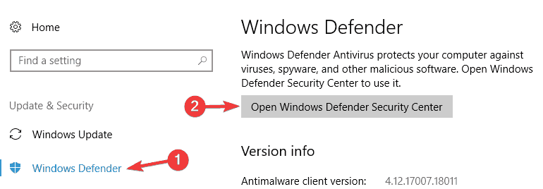 La conexión de actualización de Windows Defender falló