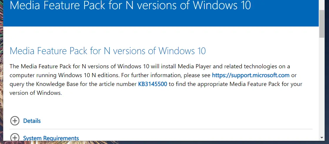 La página de descarga de Media Feature Pack no puede instalar Windows Media Feature Pack