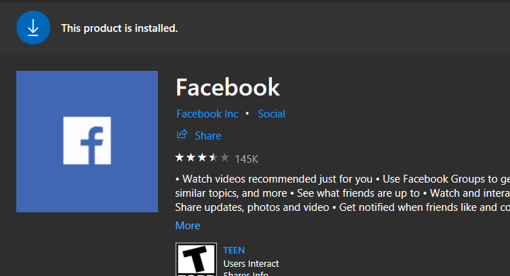 La aplicación Facebook Windows 10 no funciona.