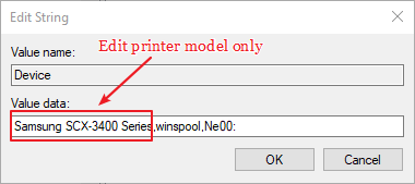 Cuadro de datos de valor mi impresora no se puede configurar como predeterminada