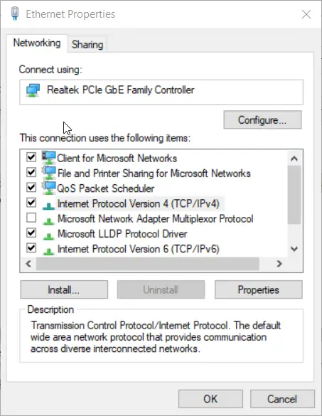 Ventana de propiedades de Ethernet picos de ethernet en el administrador de tareas