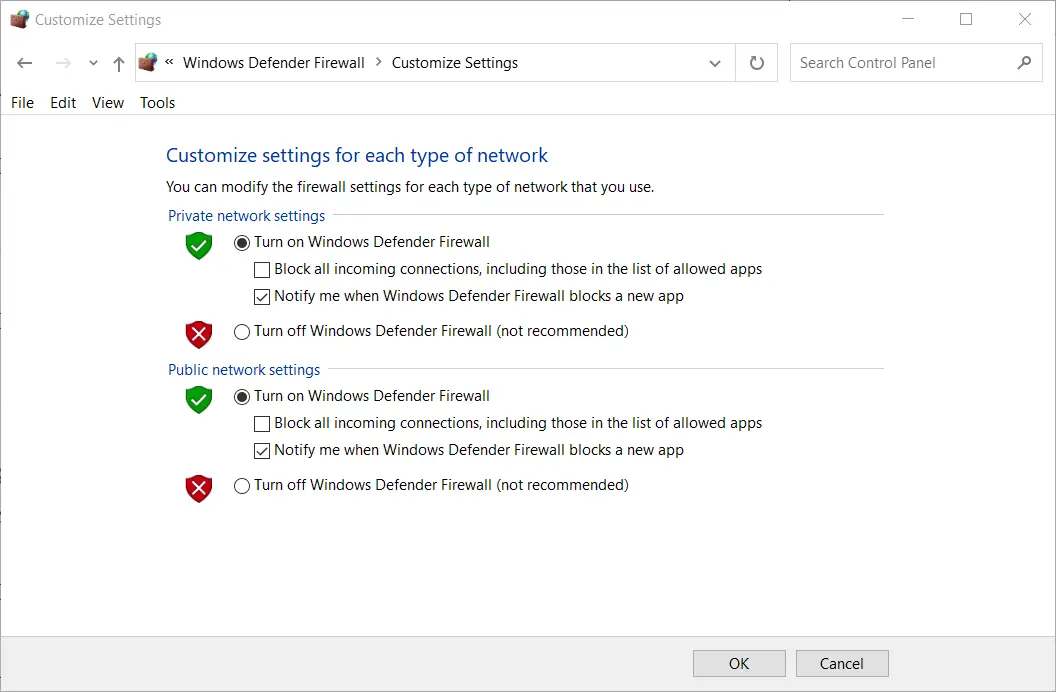Las opciones de Desactivar Firewall de Windows Defender omegle cámara no funciona Windows 10