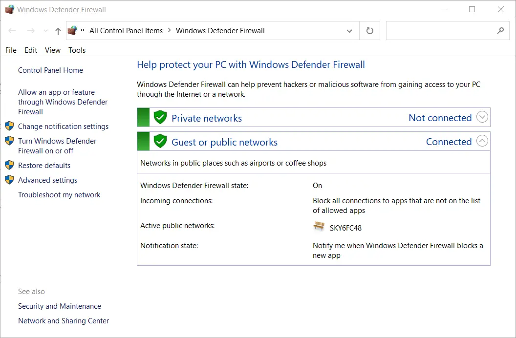 La cámara Omegle del subprograma Firewall de Windows Defender no funciona en Windows 10