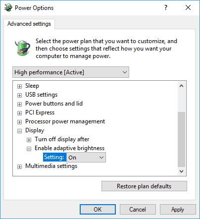Opción de brillo en gris Windows 10