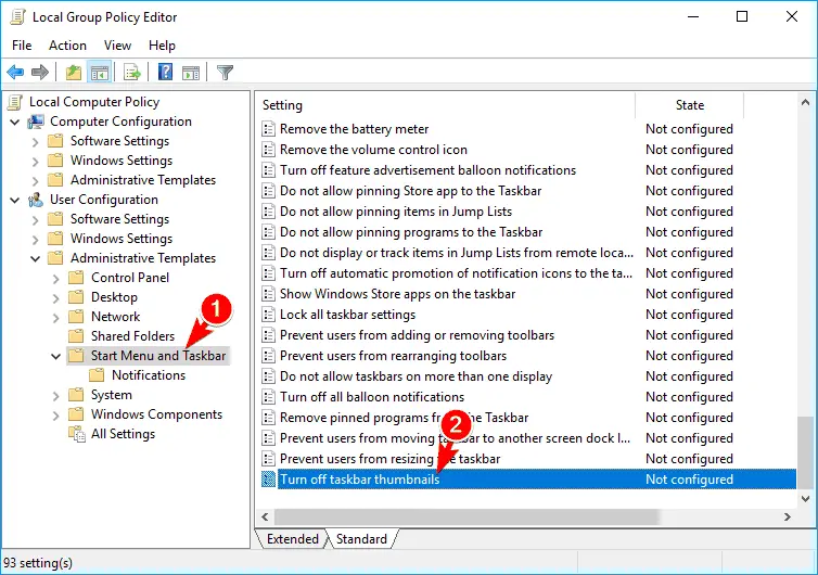 desactive las miniaturas de la barra de tareas editor de políticas de grupo las miniaturas png no muestran Windows 10