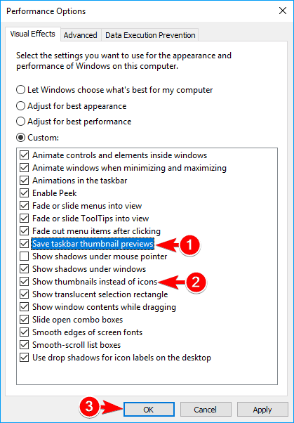 ventana de opciones de rendimiento algunas miniaturas no muestran Windows 10