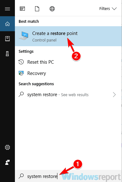 crear resultados de búsqueda de puntos de restauración colores invertidos en Windows 10