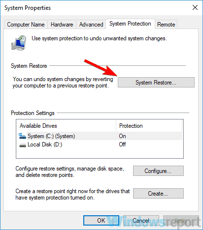 botón de restauración del sistema colores invertidos en Windows 10