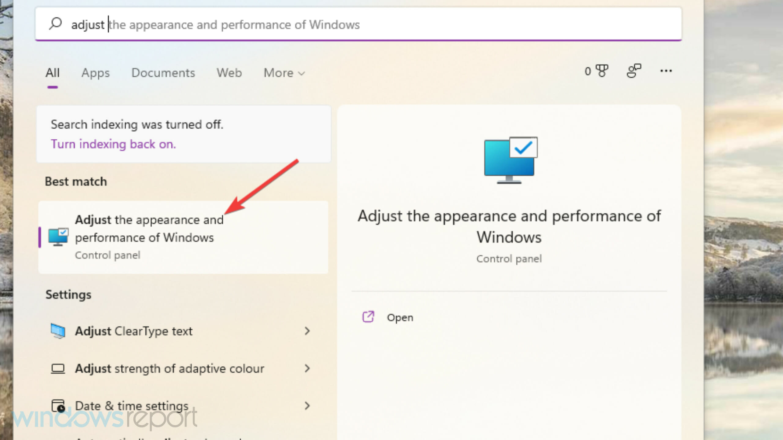 Ajustar la apariencia y el rendimiento del resultado de búsqueda de Windows Informe de errores de Windows ID de evento 1001