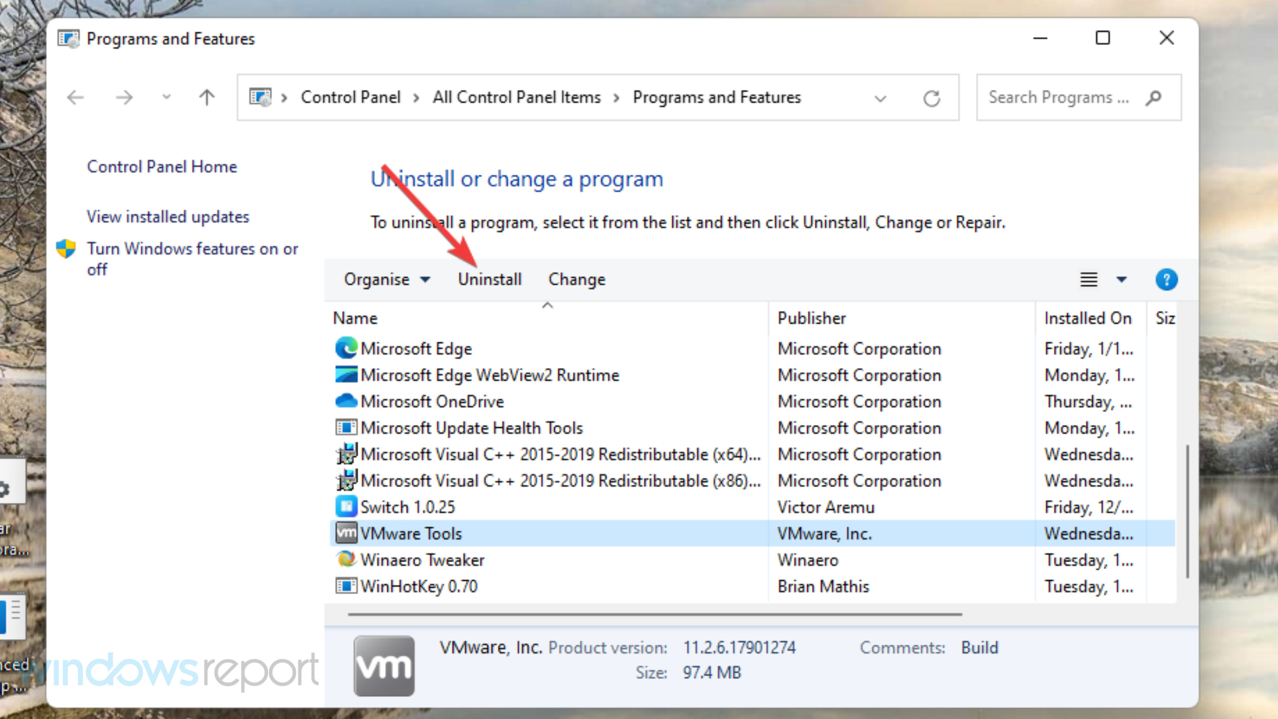 Opción de desinstalación Informe de errores de Windows ID de evento 1001