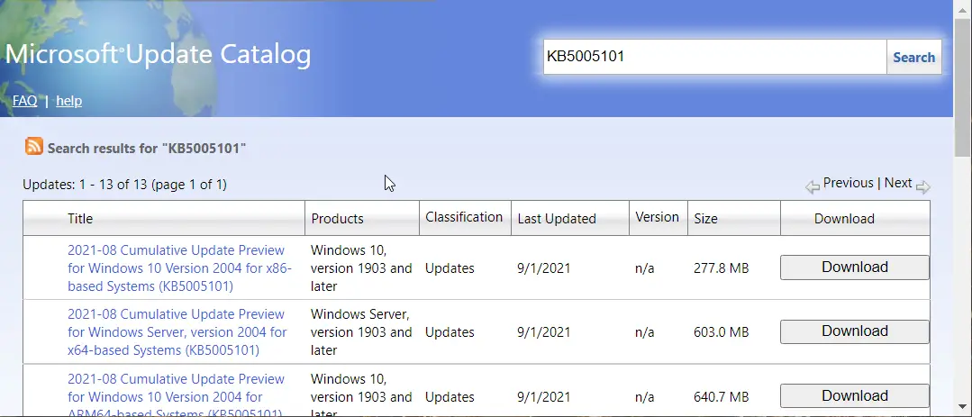 Catálogo de actualizaciones de Microsoft Faltan algunos archivos de actualización o tienen problemas