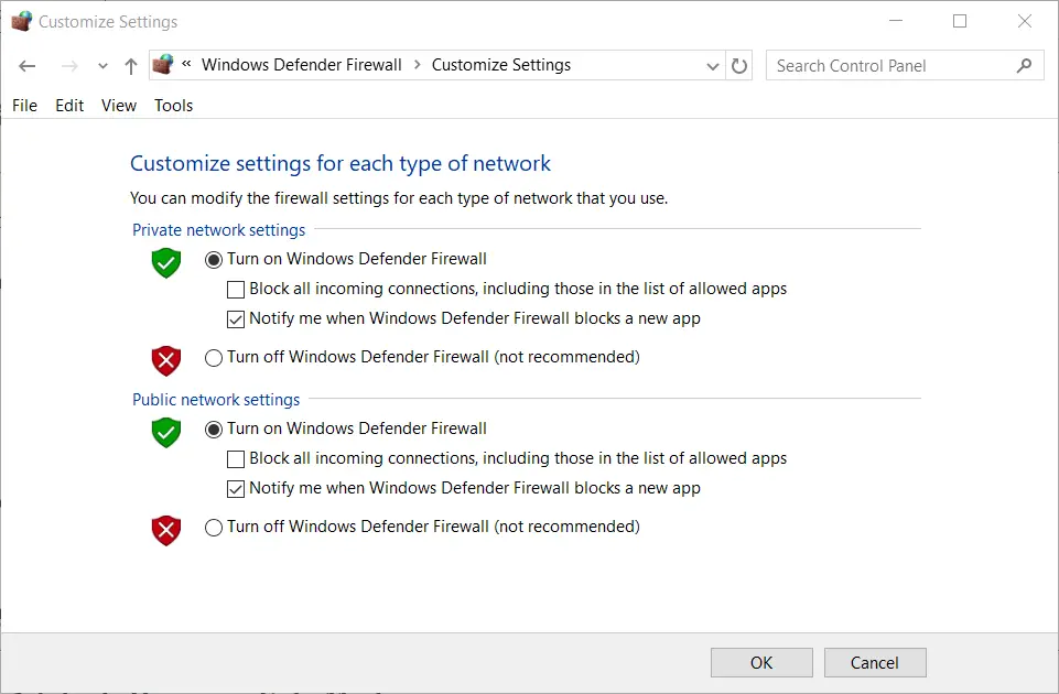 Desactivar las opciones de Firewall de Windows Defender La versión de prueba gratuita de Adobe InDesign no se descargará