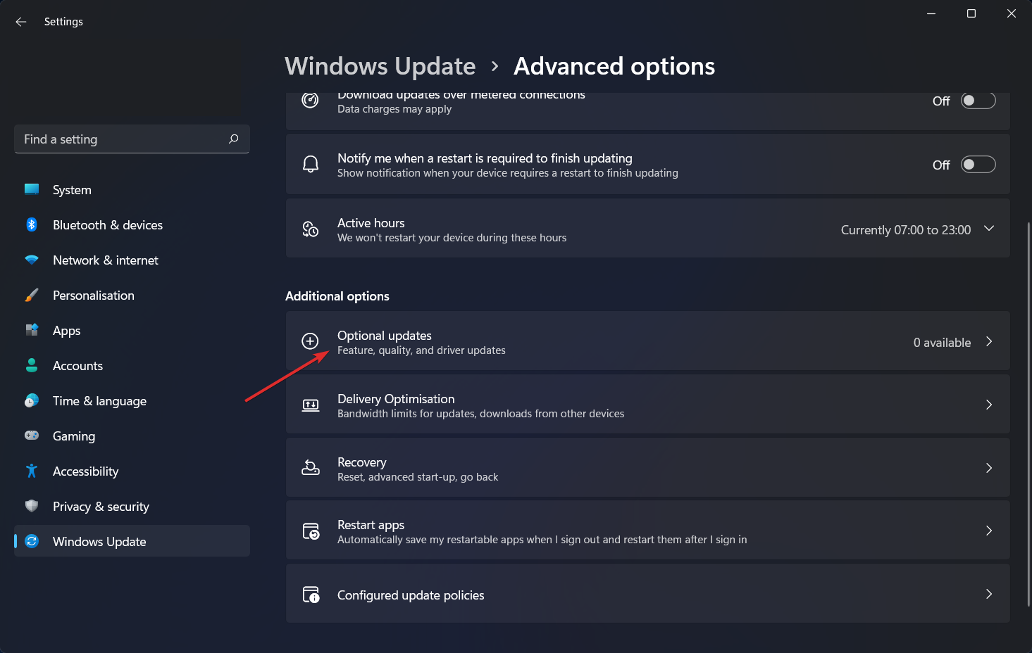 opcional-actualizaciones-opción Windows 11 frecuencia de actualización dinámica no funciona