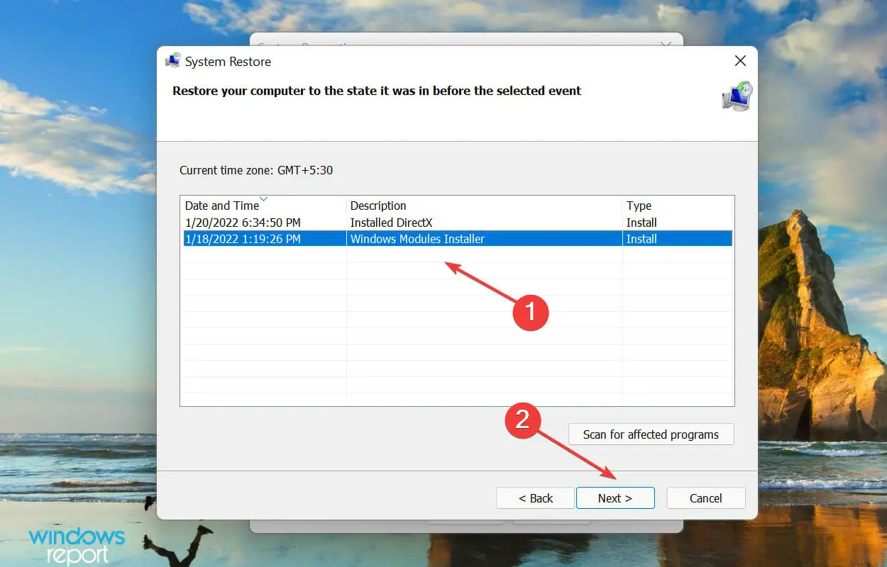 Seleccione el punto de restauración para corregir el error de Microsoft Store 0x87e10bcf