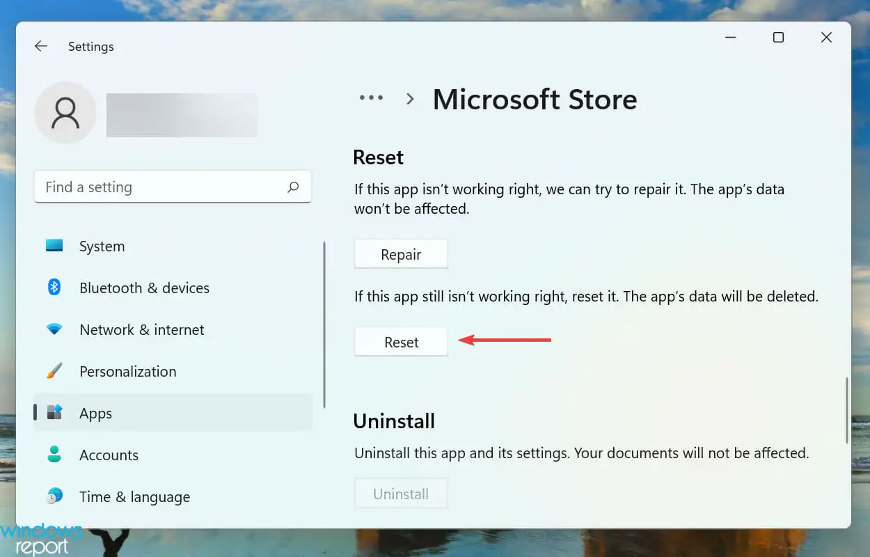 Restablecer para corregir el error de Microsoft Store 0x87e10bcf