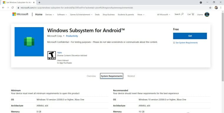 Puede encontrar la aplicación Subsistema de Windows para Android en Microsoft Store