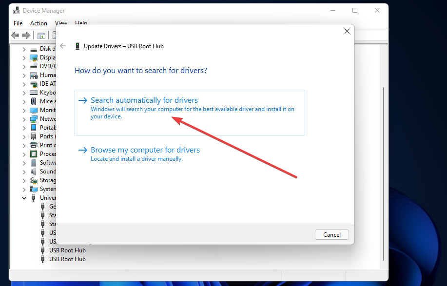 Buscar automáticamente la opción de controladores de Windows 11 que no reconoce el usb