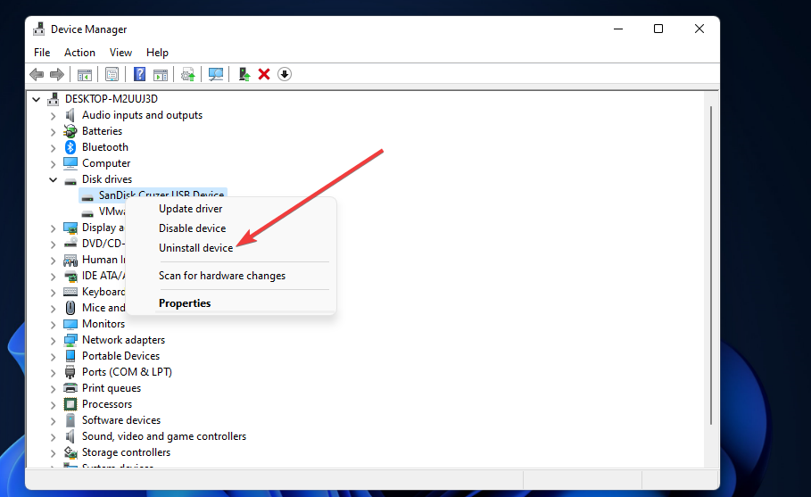 La opción Desinstalar dispositivo Windows 11 no reconoce usb