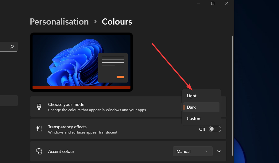 Elija su menú desplegable de modo, cambie el color de la barra de tareas en Windows 11