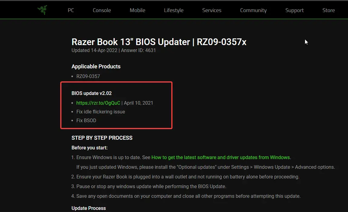 Enlace de actualización del BIOS de Razer