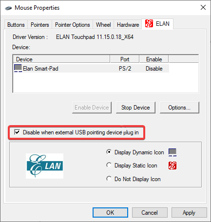 Desactivar cuando se conecta un dispositivo señalador USB externo