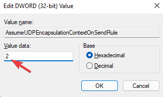 En Editar valor DWORD (32 bits), cambie los datos del valor a 2