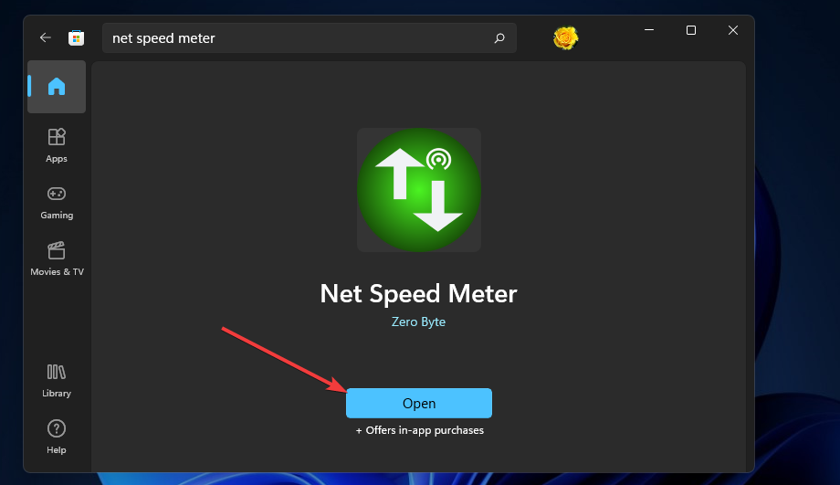 Monitor de velocidad de red de Windows 11 con botón abierto