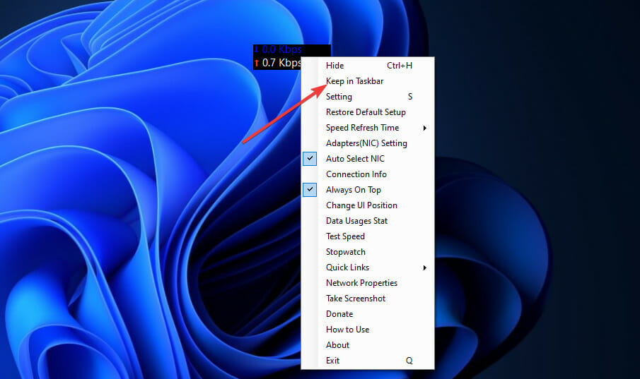 Mantener en la opción de la barra de tareas monitor de velocidad de red de Windows 11