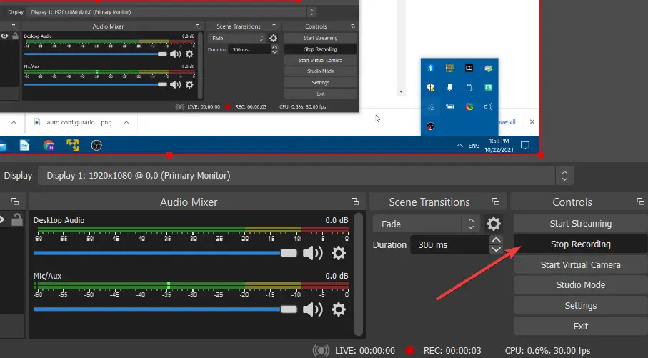 La opción Detener grabación obs studio windows 11