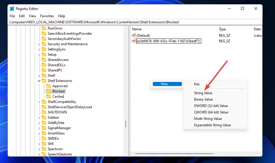 La opción Valor de cadena Windows 11 Explorador de archivos retrasado